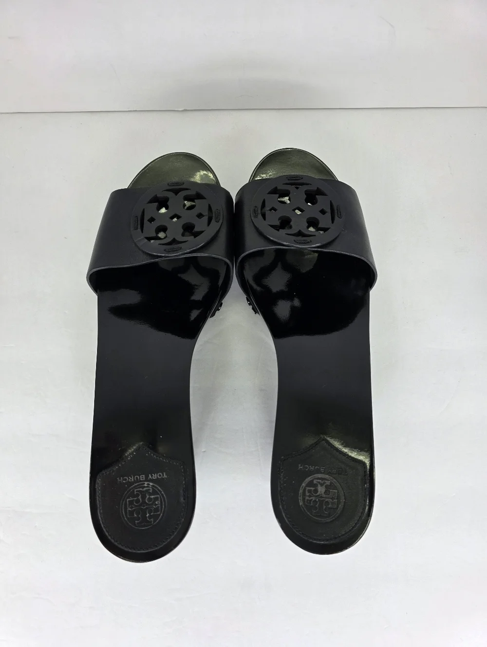 Tory Burch Patti Black Patent Slides Platform Wedge Heels Leather Sandals 9.5M